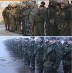 На первом фото — регулярная украинская армия. На втором — ополчение Новороссии…