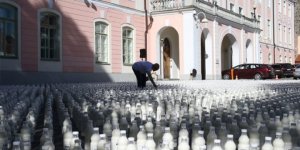 Эстонские фермеры выставили у здания парламента в Таллине 10 тыс. литровых бутылок молока(Каждая выставленная перед Рийгикогу бутылка молока была промаркирована именем убитой коровы )