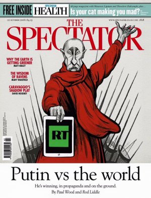 Официальный представитель МИД России Мария Захарова посмеялась над «антироссийской» обложкой журнала Spectator, на которой изображён коллаж «Родина-мать зовёт» с Президентом России Путиным  и RT