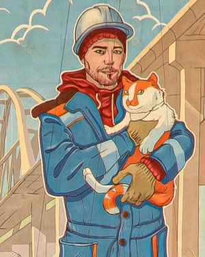 Гигантское граффити со строителем Михалычем и котом Мостиком появилось на опоре Крымского моста