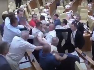 Драка российских депутатов из-за фото с подписью «голубки» попала на видео