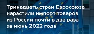 Почти половина стран Евросоюза нарастила импорт товаров из России   (Тринадцать стран Евросоюза за июнь увеличили ввоз товаров из России почти в два раза)