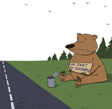 Елкин карикатура. Медведь-попрошайка